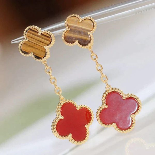 Clover Earrings Gold Tiger Eye Carnelian 2 Motifs