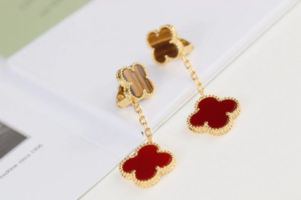 Clover Earrings Gold Tiger Eye Carnelian 2 Motifs