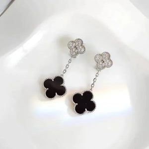 Clover 2 Motifs Silver Diamond Onyx Earrings